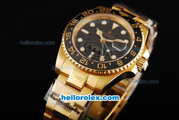 Rolex GMT-Master Oyster Perpetual Swiss ETA 2836 Automatic Movement Full Gold with Black Bezel and Black Dial - White Markers - Click Image to Close